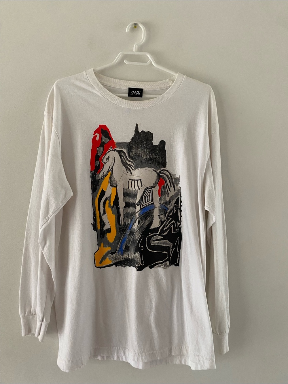 White Long-Sleeve Graphic Tee with Multicolor Horse Print